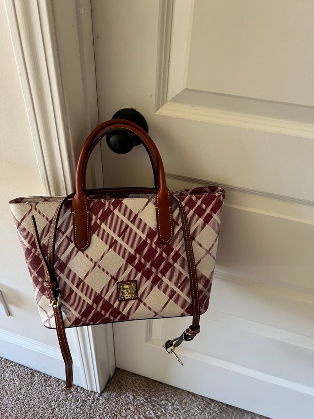 Dooney & Bourke Red Plaid Tote with Tan Leather Handles And Cross Body Straps - Picture 2 of 5